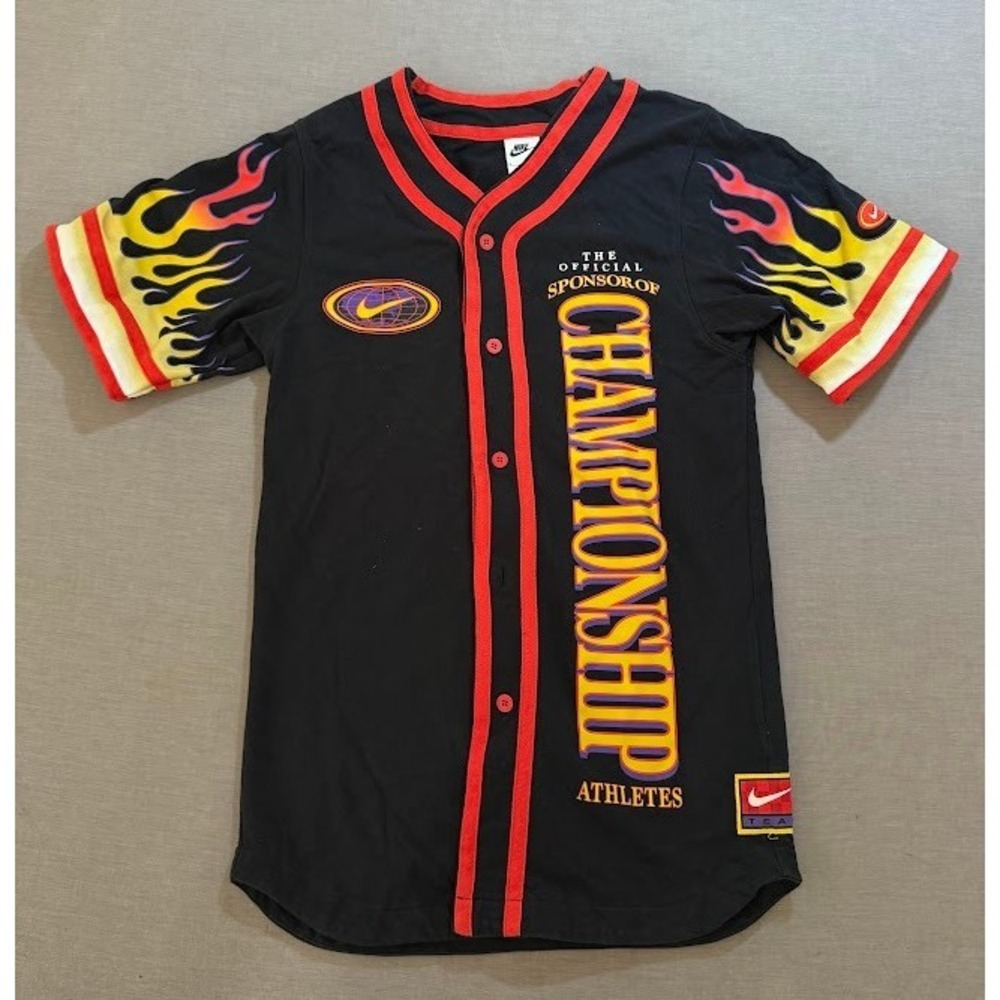 America's Athletic Company Nike Baseball Jersey Black Flame Sleeve  Men's Size S